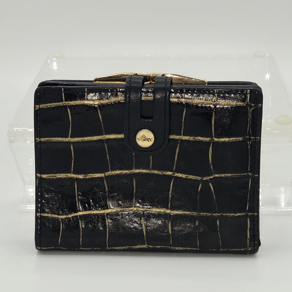 Alligator Leather Kisslock Wallet‎ Abas Black Gold Tone Vintage Luxury